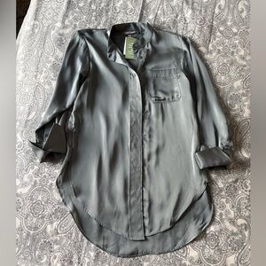 H&M Long Sleeve Satin Button Down Tunic Blouse in Charcoal Gray XS